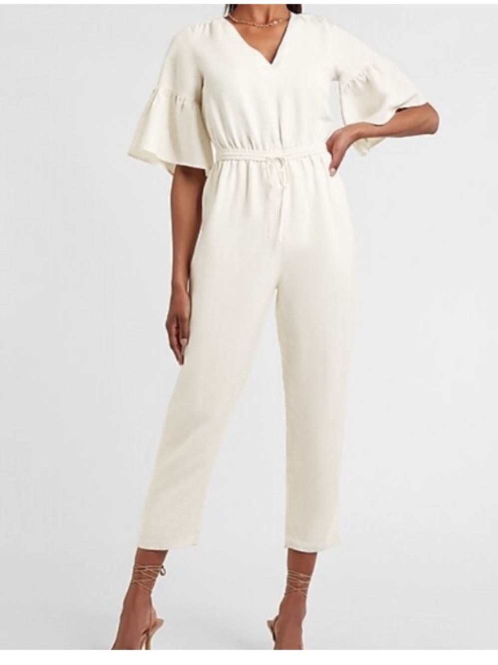 Express Cream Linen Blend V-Neck Flutter Sleeve Jumpsuit XL Women’s